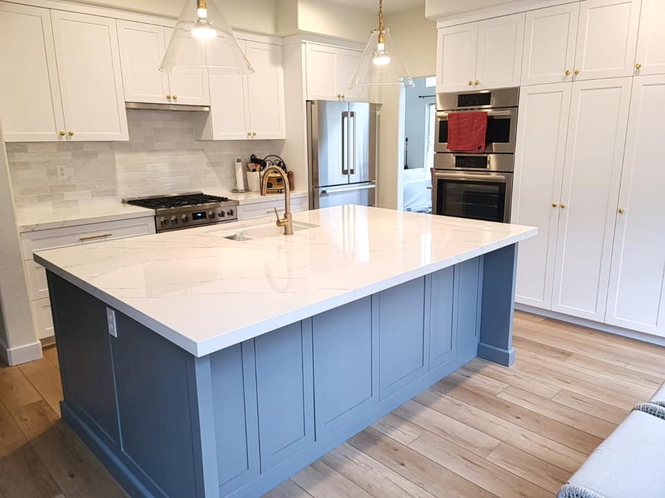 White Kitchen with Blue Island